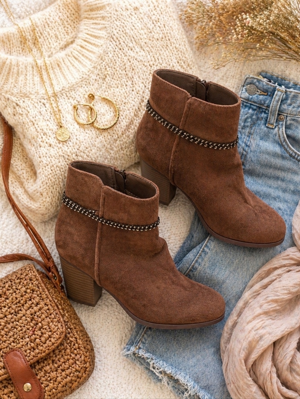 Brown Ankle Boots Block Heel Boho Style Size 8